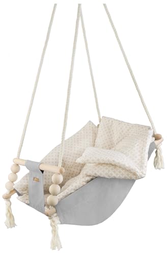 Babyschaukel Kleinkindschaukel Babyliegeschaukel Stoffschaukel Babywippe Wiege (Muster: silberfarben, cremefarben Quadrate) von Velinda