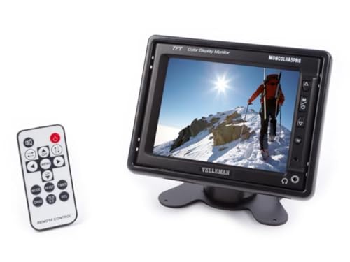 Velleman 5,6" TFT-LCD-Monitor mit Frontsteuerung, ideal für Auto, Wohnmobil und Sicherheit, kompatibel mit PAL/NTSC, einfache Bedienung, geliefert mit Fernbedienung, Kabeln, Stativ und Einbaurahmen von Velleman