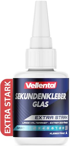 Sekundenkleber Glas extra stark - Glaskleber transparent wasserfest, hitzebeständig & mit Nadel Verschluss gegen Austrocknung - Glas Kleber zum Verkleben von Glas & Acrylglas aller Art von Vellental