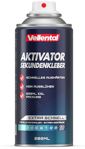 Sekundenkleber Aktivator Spray 200 ml extra stark - Hocheffektives Aktivatorspray für alle Cyanacrylat Sekundenkleber - Aushärtungsbeschleuniger für blitzschnelles Aushärten von Vellental
