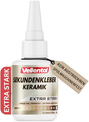 Sekundenkleber für Keramik & Porzellan extra stark 30g - Porzellankleber spülmaschinenfest, hitzebeständig & mit Nadel Verschluss gegen Austrocknung - Reparatur Kleber für Keramik, Porzellan & Ton von Vellental