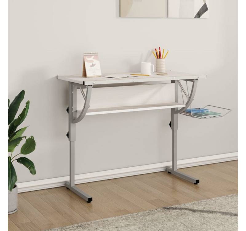 Vellora Kinderschreibtisch Basteltisch Weiß & Grau 110x53x(58-87) cm Holzwerkstoff & Stahl (Multifunktional), Anpassbares Design von Vellora