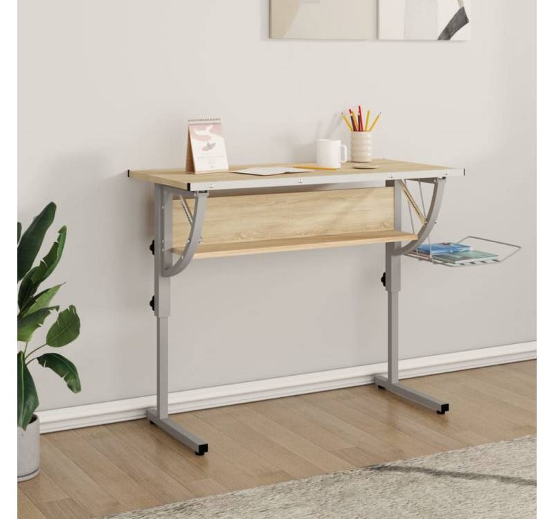 Vellora Kinderschreibtisch Basteltisch Weiß & Grau 110x53x(58-87) cm Holzwerkstoff & Stahl (Multifunktional), Anpassbares Design von Vellora
