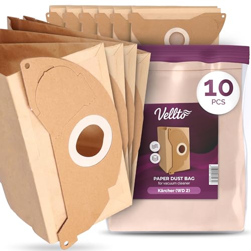10x Vellto Staubsaugerbeutel Ersatz Filtertüten Beutel Kompatibel mit Kärcher WD2 WD 2200 MV2 A2054 A2004 A2003 SE2001 SE3001 A2000 A2099 Alternative für 6.904-322.0 und 6.414-552.0 Ersatzprodukt von Vellto