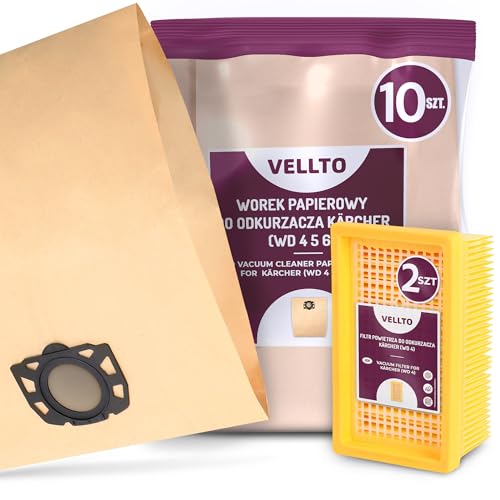 10x Vellto Staubsaugerbeutel Kompatibel mit Kärcher 2.863-005.0 2.863-006.0 WD4 WD5 WD6 MV4 MV5 MV6 WD5P WD6P Premium Papier Beutel Ersatzbeutel Staubbeutel mit 2x Flachfaltenfilter Filter von Vellto