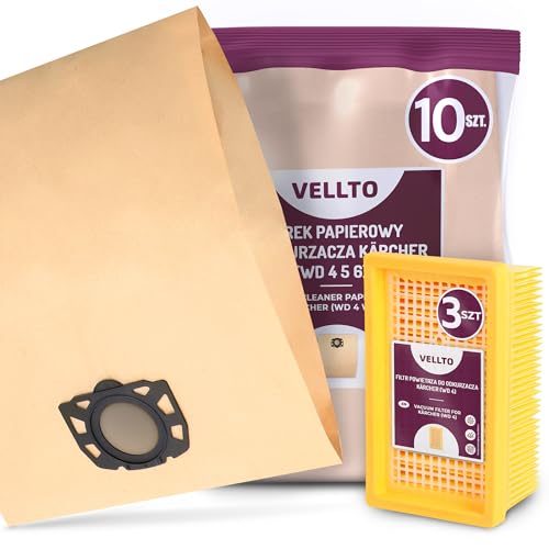 10x Vellto Staubsaugerbeutel Kompatibel mit Kärcher 2.863-005.0 2.863-006.0 WD4 WD5 WD6 MV4 MV5 MV6 WD5P WD6P Premium Papier Beutel Ersatzbeutel Staubbeutel mit 3x Flachfaltenfilter Filter von Vellto
