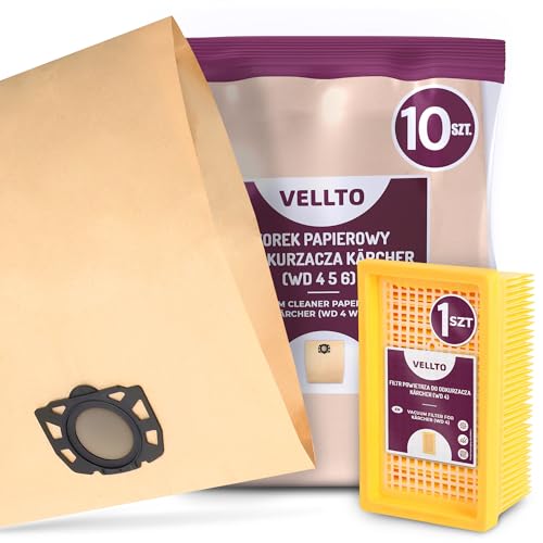 10x Vellto Staubsaugerbeutel Kompatibel mit Kärcher 2.863-005.0 2.863-006.0 WD4 WD5 WD6 MV4 MV5 MV6 WD5P WD6P Premium Papier Beutel Ersatzbeutel Staubbeutel mit Flachfaltenfilter Filter von Vellto