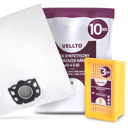 10x Vellto Staubsaugerbeutel Kompatibel mit Kärcher 2.863-005.0 2.863-006.0 WD4 WD5 WD6 MV4 MV5 MV6 WD5P WD6P Premium Papierbeutel Ersatzbeutel Staubbeutel mit 3x Patronenfilter Filter Ersatzfilter von Vellto