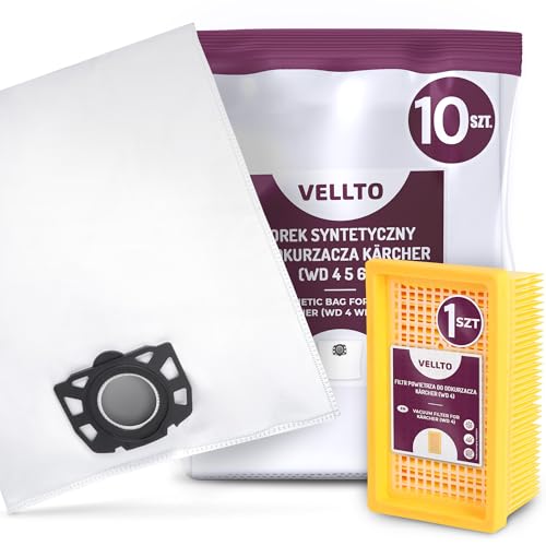 10x Vellto Staubsaugerbeutel Kompatibel mit Kärcher 2.863-005.0 2.863-006.0 WD4 WD5 WD6 MV4 MV5 MV6 WD5P WD6P Premium Papierbeutel Ersatzbeutel Staubbeutel mit Filter Ersatzfilter von Vellto
