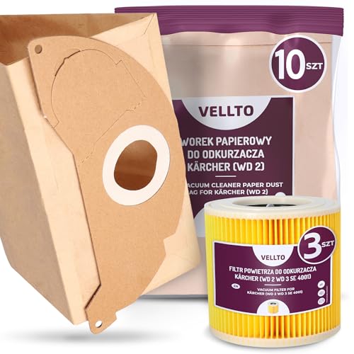 10x Vellto Staubsaugerbeutel Kompatibel mit Kärcher 6.904-322.0 WD2 MV2 SE 2001 3001 A 2054 2004 2024 Papierbeutel mit 3x Filter Faltenfilter Patronenfilter Ersatzbeutel Staubbeutel Filtertüten von Vellto