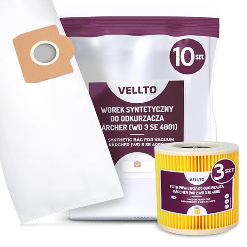10x Vellto Staubsaugerbeutel Kompatibel mit Kärcher 6.959-130 WD3 MV3 SE 4001 SE4002 V-17 V12 A 2150 2201 2201 F A 2204 Ersatzbeutel Staubbeutel Beutel mit 3x Filter Ersatzfilter Patronenfilter von Vellto