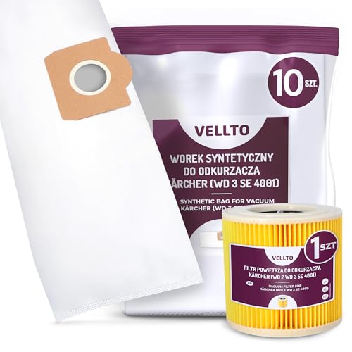 10x Vellto Staubsaugerbeutel Kompatibel mit Kärcher 6.959-130 WD3 MV3 SE 4001 SE4002 V-17 V12 A 2150 2201 2201 F A 2204 Ersatzbeutel Staubbeutel Beutel mit Filter Ersatzfilter Patronenfilter von Vellto