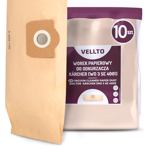 10x Vellto Staubsaugerbeutel Kompatibel mit Kärcher 6.959-130.0 WD3 MV3 SE 4001 4002 V17 V12 A2201 2604 2251 2554 2504 2204 2150 2201 F A Ersatzbeutel Staubbeutel Beutel Papierfilterbeutel von Vellto