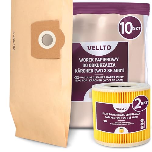 10x Vellto Staubsaugerbeutel Kompatibel mit Kärcher 6.959-130.0 WD3 MV3 SE 4001 4002 WD2 Plus V17 V15 Papierbeutel Ersatzbeutel Staubbeutel mit 2x Filter Faltenfilter Patronenfilter von Vellto