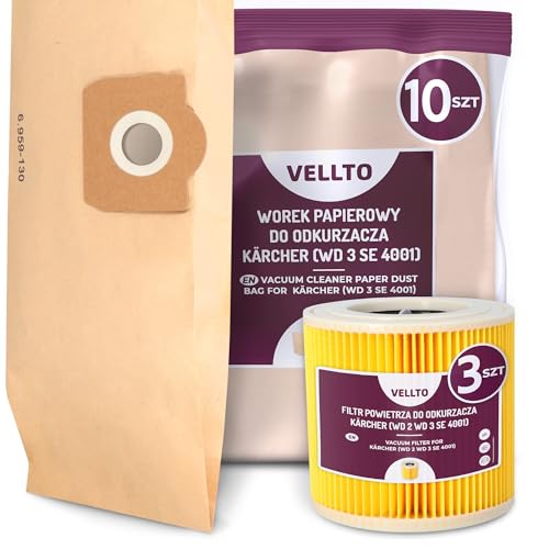 10x Vellto Staubsaugerbeutel Kompatibel mit Kärcher 6.959-130.0 WD3 MV3 SE 4001 4002 WD2 Plus V17 V15 Papierbeutel Ersatzbeutel Staubbeutel mit 3x Filter Faltenfilter Patronenfilter von Vellto