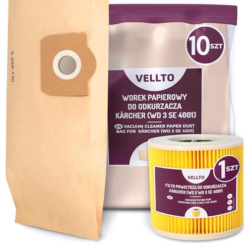10x Vellto Staubsaugerbeutel Kompatibel mit Kärcher 6.959-130.0 WD3 MV3 SE 4001 4002 WD2 Plus V17 V15 Papierbeutel Ersatzbeutel Staubbeutel mit Filter Faltenfilter Patronenfilter von Vellto