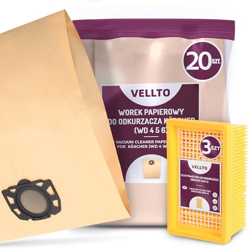 20x Vellto Staubsaugerbeutel Kompatibel mit Kärcher 2.863-005.0 2.863-006.0 WD4 WD5 WD6 MV4 MV5 MV6 WD5P WD6P Premium Papier Beutel Ersatzbeutel Staubbeutel mit 3x Flachfaltenfilter Filter von Vellto