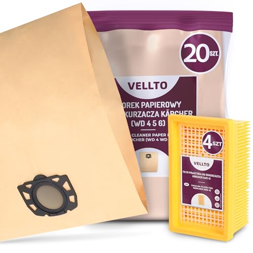20x Vellto Staubsaugerbeutel Kompatibel mit Kärcher 2.863-005.0 2.863-006.0 WD4 WD5 WD6 MV4 MV5 MV6 WD5P WD6P Premium Papier Beutel Ersatzbeutel Staubbeutel mit 4x Flachfaltenfilter Filter von Vellto