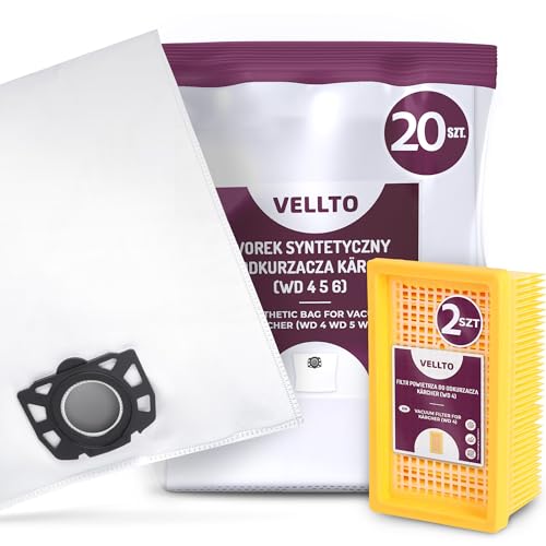 20x Vellto Staubsaugerbeutel Kompatibel mit Kärcher 2.863-005.0 2.863-006.0 WD4 WD5 WD6 MV4 MV5 MV6 WD5P WD6P Premium Papierbeutel Ersatzbeutel Staubbeutel mit 2x Filter Ersatzfilter von Vellto