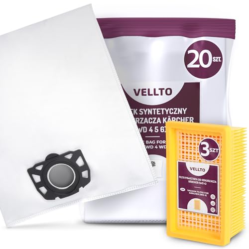 20x Vellto Staubsaugerbeutel Kompatibel mit Kärcher 2.863-005.0 2.863-006.0 WD4 WD5 WD6 MV4 MV5 MV6 WD5P WD6P Premium Papierbeutel Ersatzbeutel Staubbeutel mit 3x Filter Ersatzfilter von Vellto