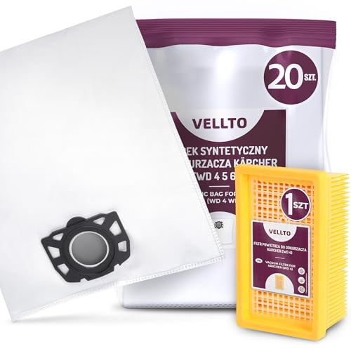 20x Vellto Staubsaugerbeutel Kompatibel mit Kärcher 2.863-005.0 2.863-006.0 WD4 WD5 WD6 MV4 MV5 MV6 WD5P WD6P Premium Papierbeutel Ersatzbeutel Staubbeutel mit Filter Ersatzfilter von Vellto