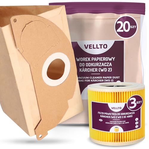 20x Vellto Staubsaugerbeutel Kompatibel mit Kärcher 6.904-322.0 WD2 MV2 SE 2001 3001 A 2054 2004 2024 Papierbeutel mit 3x Filter Faltenfilter Patronenfilter Ersatzbeutel Staubbeutel Filtertüten von Vellto
