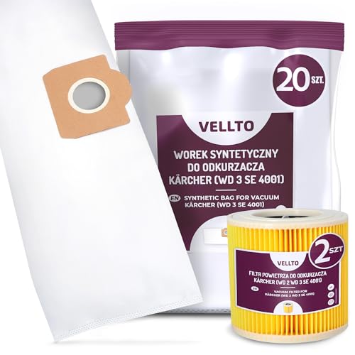 20x Vellto Staubsaugerbeutel Kompatibel mit Kärcher 6.959-130 WD3 MV3 SE 4001 SE4002 V-17 V12 A 2150 2201 2201 F A 2204 Ersatzbeutel Staubbeutel Beutel mit 2x Filter Ersatzfilter Patronenfilter von Vellto