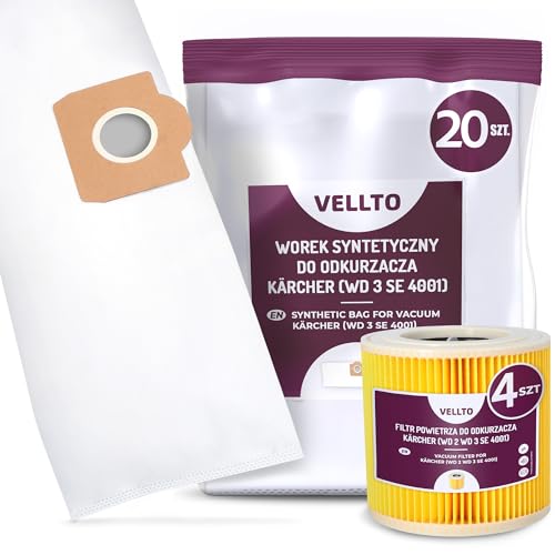 20x Vellto Staubsaugerbeutel Kompatibel mit Kärcher 6.959-130 WD3 MV3 SE 4001 SE4002 V-17 V12 A 2150 2201 2201 F A 2204 Ersatzbeutel Staubbeutel Beutel mit 4x Filter Ersatzfilter Patronenfilter von Vellto