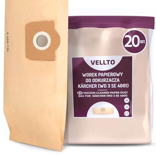 20x Vellto Staubsaugerbeutel Kompatibel mit Kärcher 6.959-130.0 WD3 MV3 SE 4001 4002 V17 V12 A2201 2604 2251 2554 2504 2204 2150 2201 F A Ersatzbeutel Staubbeutel Beutel Papierfilterbeutel von Vellto