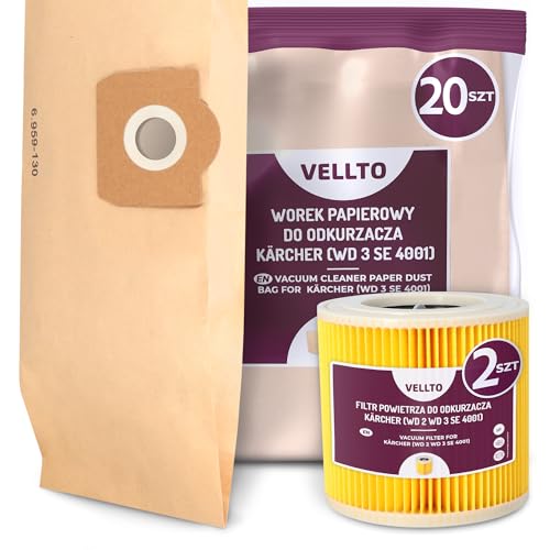 20x Vellto Staubsaugerbeutel Kompatibel mit Kärcher 6.959-130.0 WD3 MV3 SE 4001 4002 WD2 Plus V17 V15 Papierbeutel Ersatzbeutel Staubbeutel mit 2x Filter Faltenfilter Patronenfilter 20x Vellto Staubsaugerbeutel Kompatibel mit Kärcher 6.959-130.0 WD3 MV3 SE 4001 4002 WD2 Plus V17 V15 Papierbeutel Ersatzbeutel Staubbeutel mit 2x Filter Faltenfilter Patronenfilter von Vellto