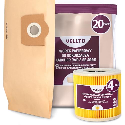 20x Vellto Staubsaugerbeutel Kompatibel mit Kärcher 6.959-130.0 WD3 MV3 SE 4001 4002 WD2 Plus V17 V15 Papierbeutel Ersatzbeutel Staubbeutel mit 4x Filter Faltenfilter Patronenfilter von Vellto
