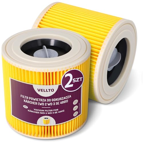 2x Vellto Luftfilter Für Staubsauger Kompatibel Mit Kärcher WD3 WD2 SE 4001 MV2 MV3 NT27 A2004 Patronenfilter Verstärkt Leistungsstark Rund Papier Saugen Ersatzfilter Staub Pollen Allergene von Vellto