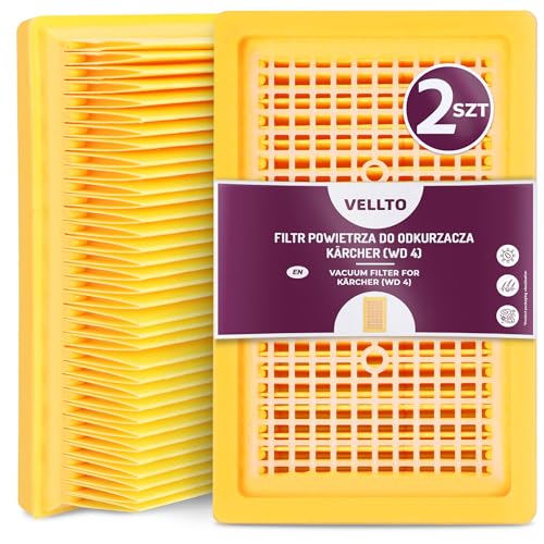 2x Vellto Luftfilter Für Staubsauger Kompatibel Mit Kärcher WD4 WD5 WD6 MV4 MV5 MV6 2.863-005 Premium Verstärkt Leistungsstark Papier Saugen Ersatzfilter Staub Pollen Allergene von Vellto