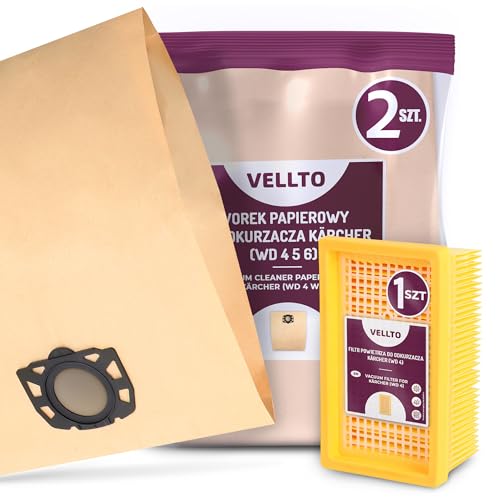2x Vellto Staubsaugerbeutel Kompatibel mit Kärcher 2.863-005.0 2.863-006.0 WD4 WD5 WD6 MV4 MV5 MV6 WD5P WD6P Premium Papier Beutel Ersatzbeutel Staubbeutel mit Flachfaltenfilter Filter von Vellto