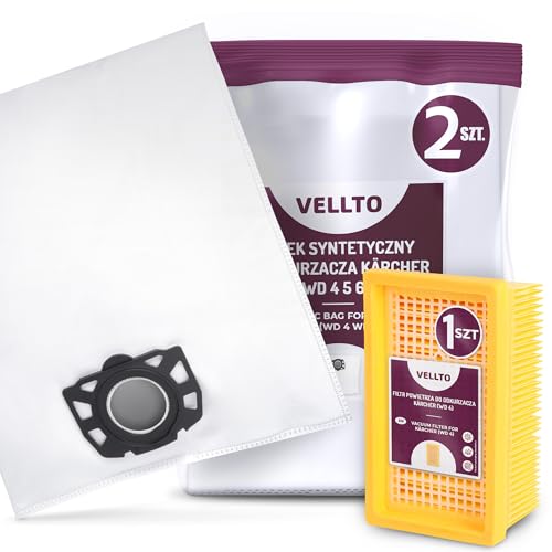 2x Vellto Staubsaugerbeutel Kompatibel mit Kärcher 2.863-005.0 2.863-006.0 WD4 WD5 WD6 MV4 MV5 MV6 WD5P WD6P Premium Papierbeutel Ersatzbeutel Staubbeutel mit Filter Ersatzfilter von Vellto