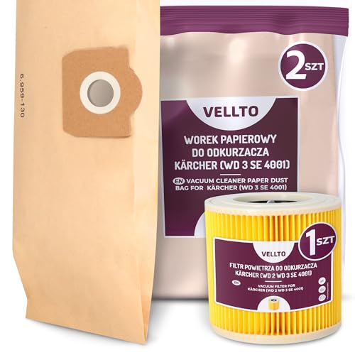 2x Vellto Staubsaugerbeutel Kompatibel mit Kärcher 6.959-130.0 WD3 MV3 SE 4001 4002 WD2 Plus V17 V15 Papierbeutel Ersatzbeutel Staubbeutel mit Filter Faltenfilter Patronenfilter von Vellto