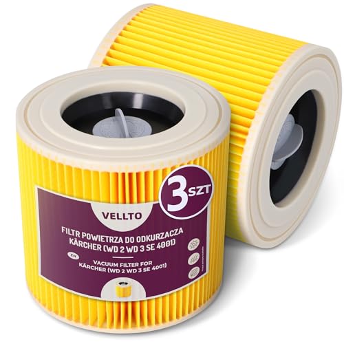 3x Vellto Luftfilter Für Staubsauger Kompatibel Mit Kärcher WD3 WD2 SE 4001 MV2 MV3 NT27 A2004 Patronenfilter Verstärkt Leistungsstark Rund Papier Saugen Ersatzfilter Staub Pollen Allergene von Vellto