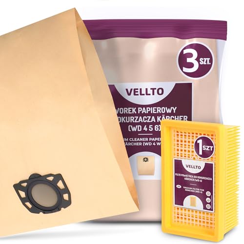 3x Vellto Staubsaugerbeutel Kompatibel mit Kärcher 2.863-005.0 2.863-006.0 WD4 WD5 WD6 MV4 MV5 MV6 WD5P WD6P Premium Papier Beutel Ersatzbeutel Staubbeutel mit Flachfaltenfilter Filter von Vellto
