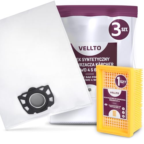 3x Vellto Staubsaugerbeutel Kompatibel mit Kärcher 2.863-005.0 2.863-006.0 WD4 WD5 WD6 MV4 MV5 MV6 WD5P WD6P Premium Papierbeutel Ersatzbeutel Staubbeutel mit Filter Ersatzfilter von Vellto