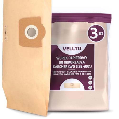 3x Vellto Staubsaugerbeutel Kompatibel mit Kärcher 6.959-130.0 WD3 MV3 SE 4001 4002 V17 V12 A2201 2604 2251 2554 2504 2204 2150 2201 F A Ersatzbeutel Staubbeutel Beutel Papierfilterbeutel von Vellto