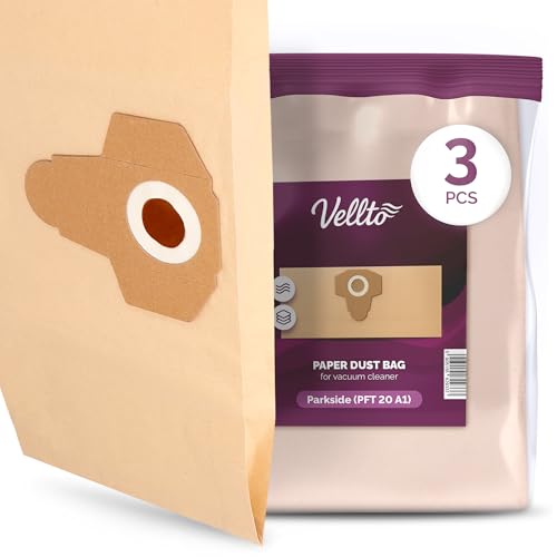 3x Vellto Staubsaugerbeutel Kompatibel mit Parkside PWD 20/A1 12A1 25 30 PFT 20A1 PNTS 1200 1250 1250/9 1300 A1 B2 C3 D3 E4 1400 1500 Staubbeutel Papier Beutel Vakuumbeutel Filtersack von Vellto