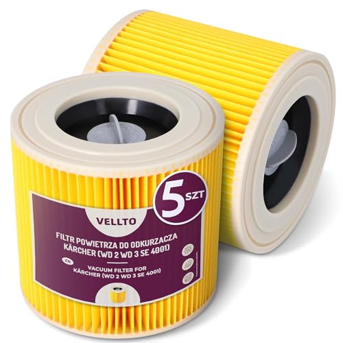 5x Vellto Luftfilter Für Staubsauger Kompatibel Mit Kärcher WD3 WD2 SE 4001 MV2 MV3 NT27 A2004 Patronenfilter Verstärkt Leistungsstark Rund Papier Saugen Ersatzfilter Staub Pollen Allergene von Vellto
