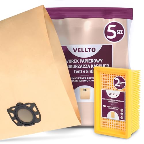 5x Vellto Staubsaugerbeutel Kompatibel mit Kärcher 2.863-005.0 2.863-006.0 WD4 WD5 WD6 MV4 MV5 MV6 WD5P WD6P Premium Papier Beutel Ersatzbeutel Staubbeutel mit 2x Flachfaltenfilter Filter von Vellto