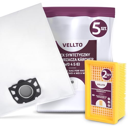 5x Vellto Staubsaugerbeutel Kompatibel mit Kärcher 2.863-005.0 2.863-006.0 WD4 WD5 WD6 MV4 MV5 MV6 WD5P WD6P Premium Papierbeutel Ersatzbeutel Staubbeutel mit 2x Filter Ersatzfilter von Vellto
