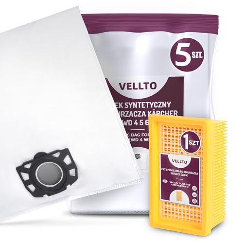 5x Vellto Staubsaugerbeutel Kompatibel mit Kärcher 2.863-005.0 2.863-006.0 WD4 WD5 WD6 MV4 MV5 MV6 WD5P WD6P Premium Papierbeutel Ersatzbeutel Staubbeutel mit Filter Ersatzfilter von Vellto
