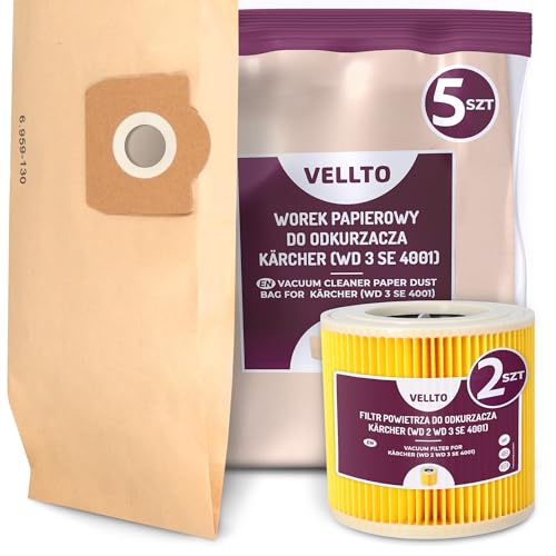 5x Vellto Staubsaugerbeutel Kompatibel mit Kärcher 6.959-130.0 WD3 MV3 SE 4001 4002 WD2 Plus V17 V15 Papierbeutel Ersatzbeutel Staubbeutel mit 2x Filter Faltenfilter Patronenfilter von Vellto
