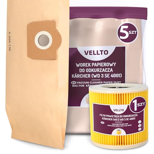 5x Vellto Staubsaugerbeutel Kompatibel mit Kärcher 6.959-130.0 WD3 MV3 SE 4001 4002 WD2 Plus V17 V15 Papierbeutel Ersatzbeutel Staubbeutel mit Filter Faltenfilter Patronenfilter von Vellto