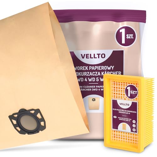 Vellto Staubsaugerbeutel Kompatibel mit Kärcher 2.863-005.0 2.863-006.0 WD4 WD5 WD6 MV4 MV5 MV6 WD5P WD6P Premium Papier Beutel Ersatzbeutel Staubbeutel mit Flachfaltenfilter Filter von Vellto