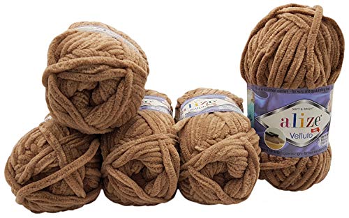 5 x 100 Gramm Alize Velluto Strickwolle, Babywolle, 500 Gramm Wolle Super soft Bulky (braun 329) von Bigcago