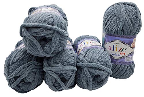 5 x 100 Gramm Alize Velluto Strickwolle, Babywolle, 500 Gramm Wolle Super soft Bulky (dunkelgrau 87) von Tokiso